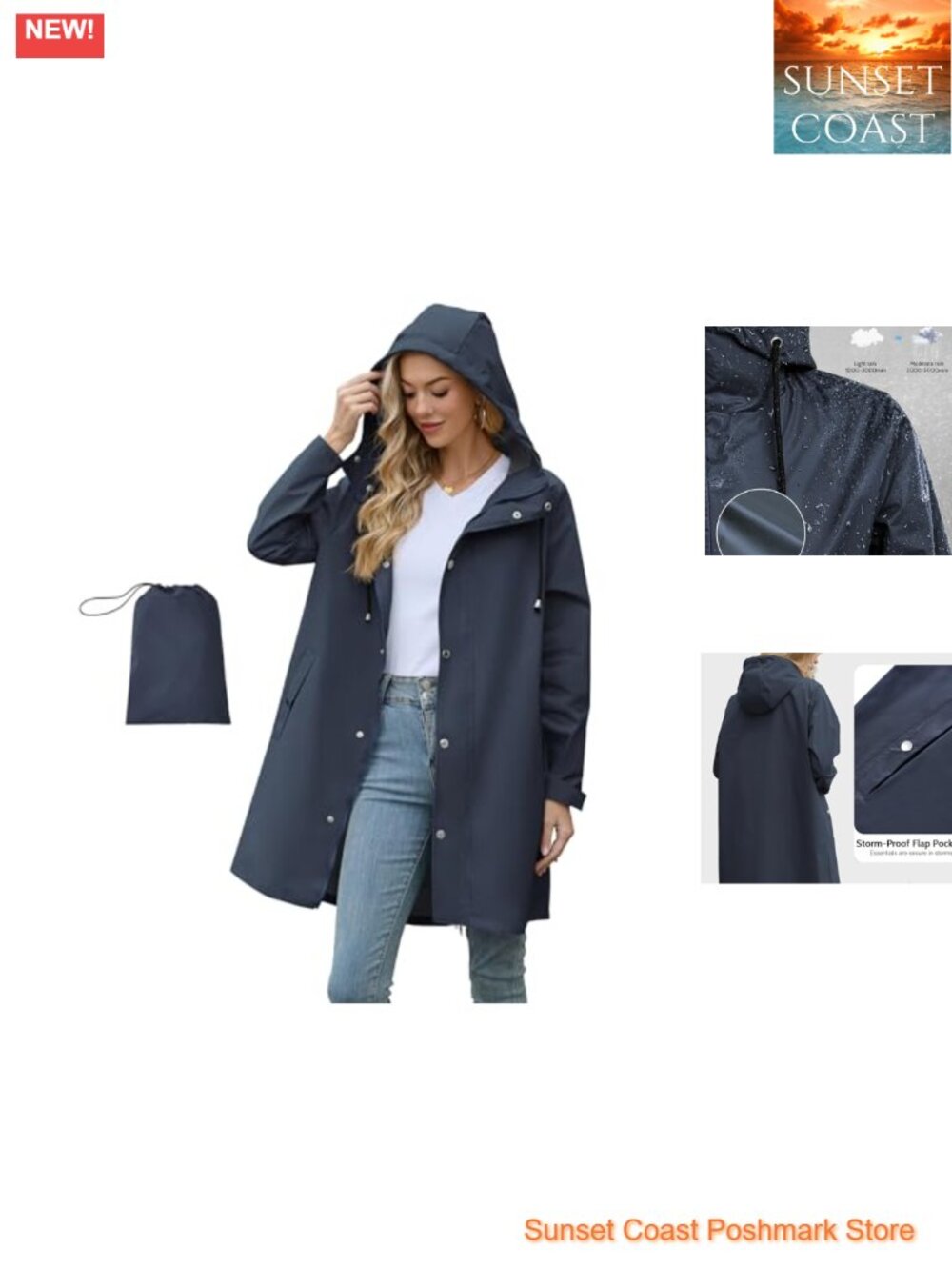 Packable Waterproof Rain Jacket with Hood Windbreaker Long Anorak